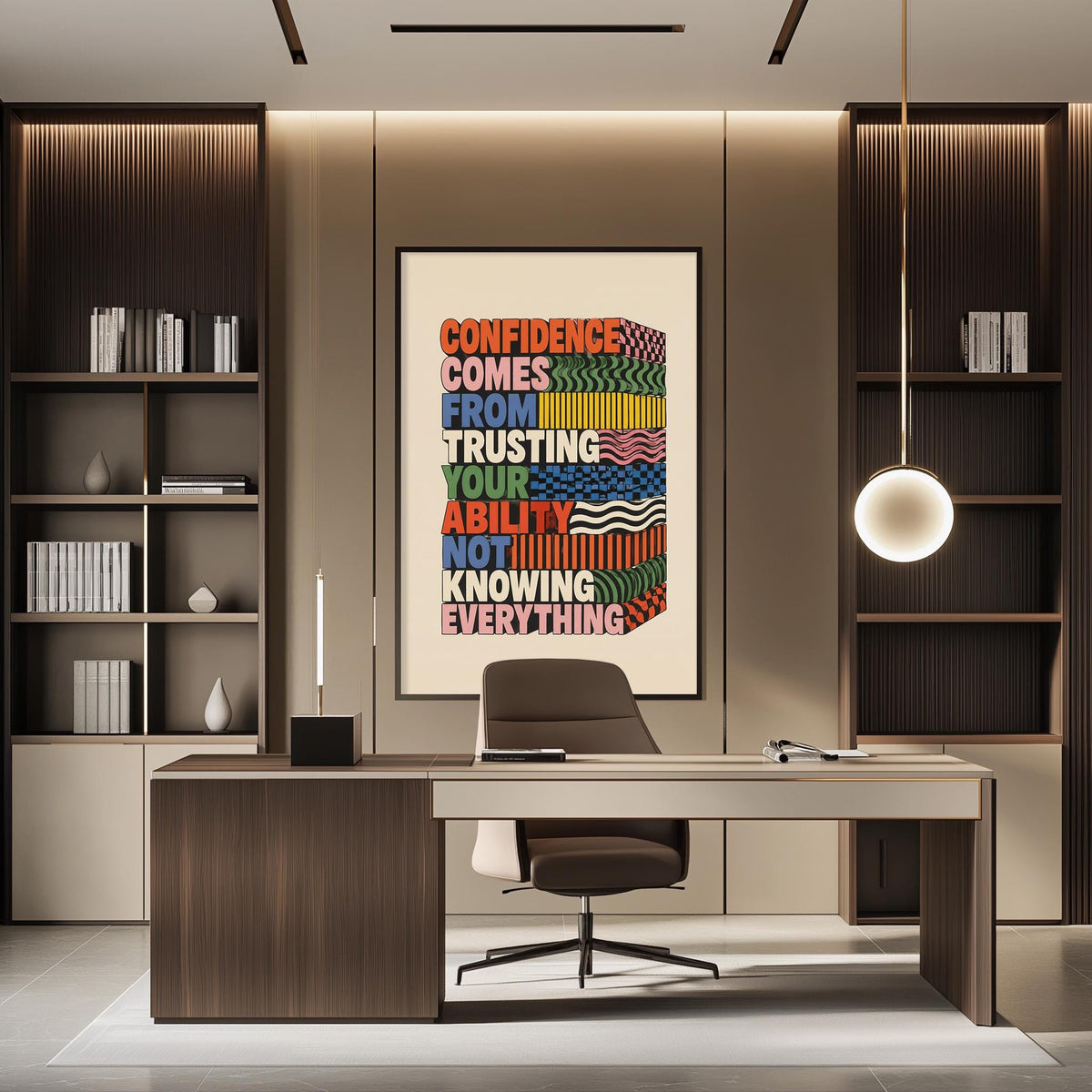 a modern office space with a large motivational poster on the wall. The poster displays the text "Confidence comes from trusting ability not knowing everything" in a colorful, geometric design. The office has a wooden desk and chair, as well as bookshelves and a lamp, creating a professional and comfortable work environment.