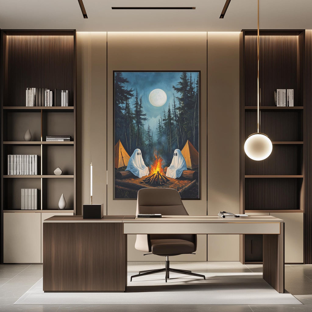 a modern office space with a large painting of a campfire and two ghostly figures in the background. The office has a wooden desk, a comfortable-looking chair, and a bookshelf filled with books. The overall design and decor create a cozy and inviting atmosphere.