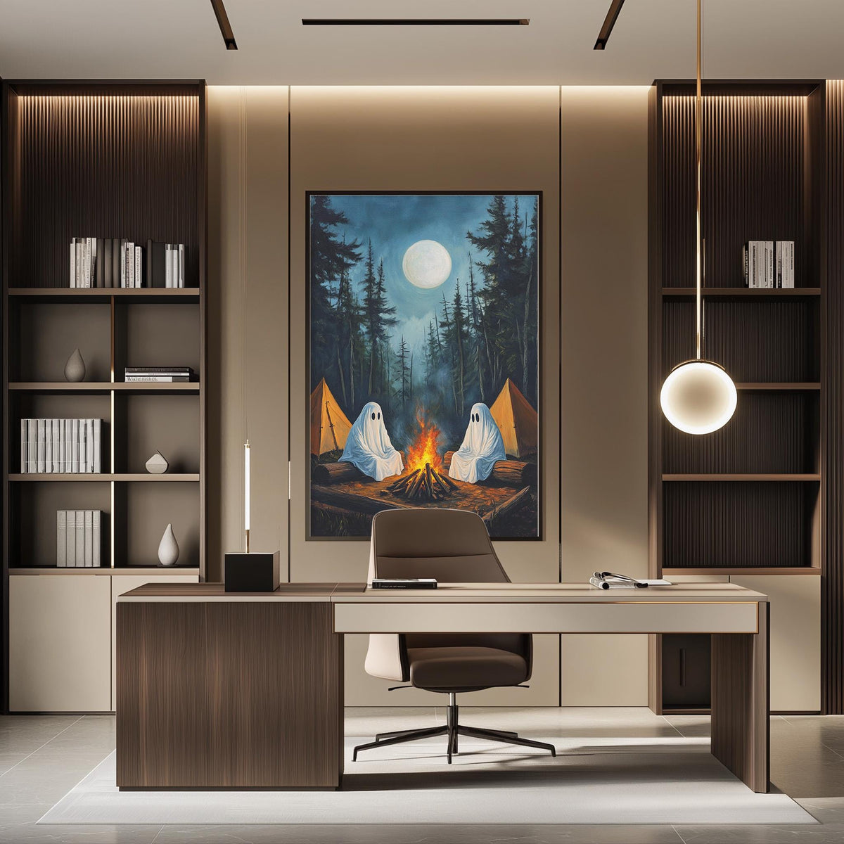 a modern office space with a large painting of a campfire and two ghostly figures in the background. The office has a wooden desk, a comfortable-looking chair, and a bookshelf filled with books. The overall design and decor create a cozy and inviting atmosphere.
