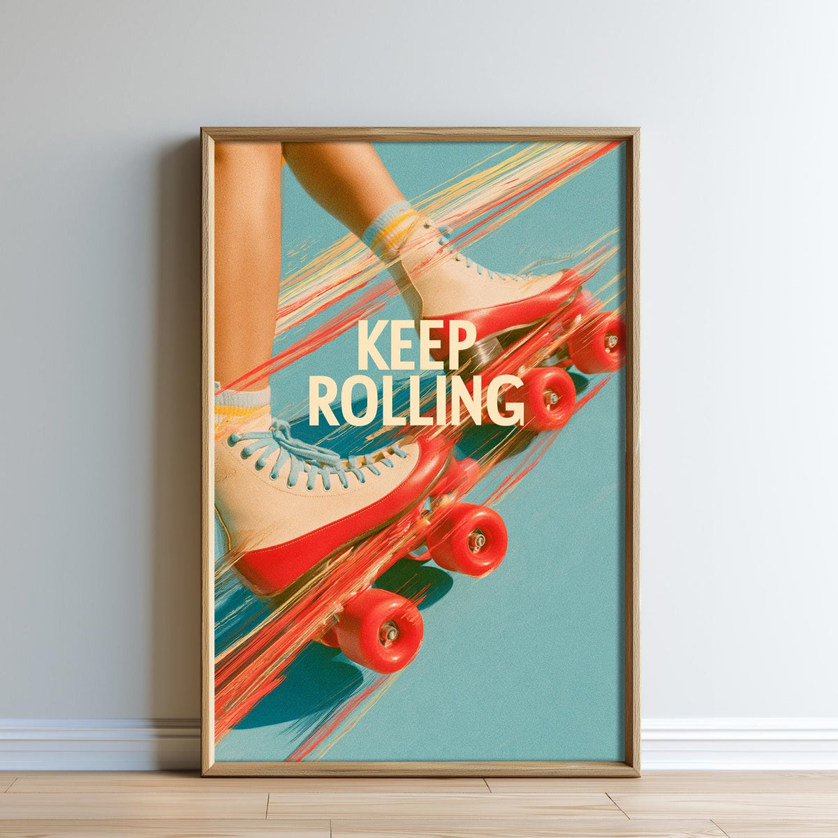A framed poster with a vibrant image of a person's feet on a roller skate, with the text "KEEP ROLLING" prominently displayed.