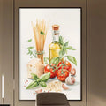 a modern office space with a large framed artwork of Italian food on the wall, featuring a bottle of olive oil, spaghetti, tomatoes, and basil. The office has a wooden desk and chair, and the room is illuminated by a pendant light fixture.