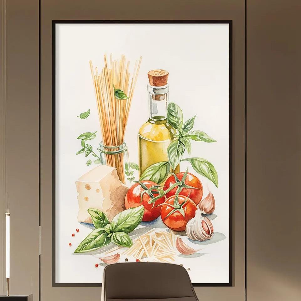 a modern office space with a large framed artwork of Italian food on the wall, featuring a bottle of olive oil, spaghetti, tomatoes, and basil. The office has a wooden desk and chair, and the room is illuminated by a pendant light fixture.