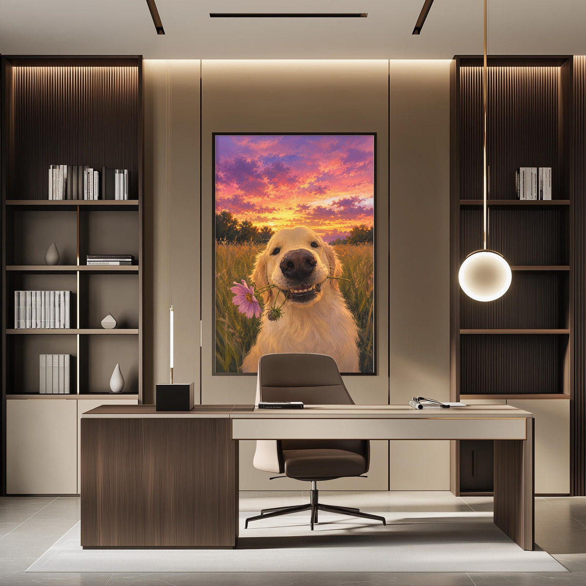 a modern office space with a large painting of a dog in a field on the wall, a desk with a chair, and a bookshelf.