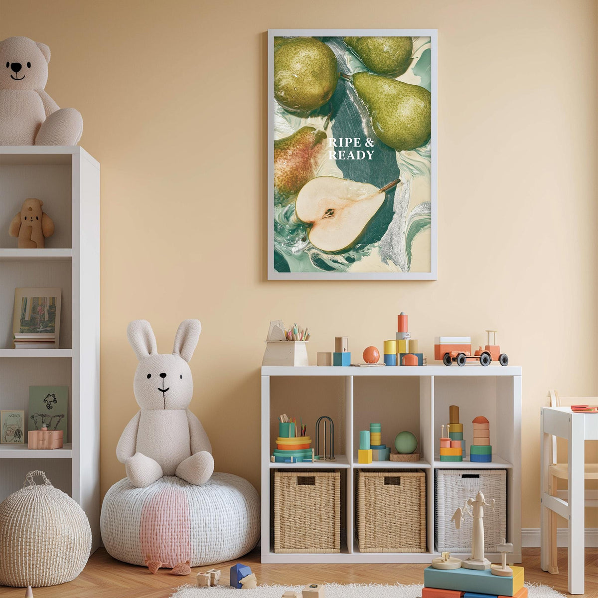A cozy children's room with a white bookshelf, a plush rabbit, and a colorful toy box filled with toys. A framed poster featuring pears and the text "Ripe & Ready" hangs on the wall above the bookshelf.