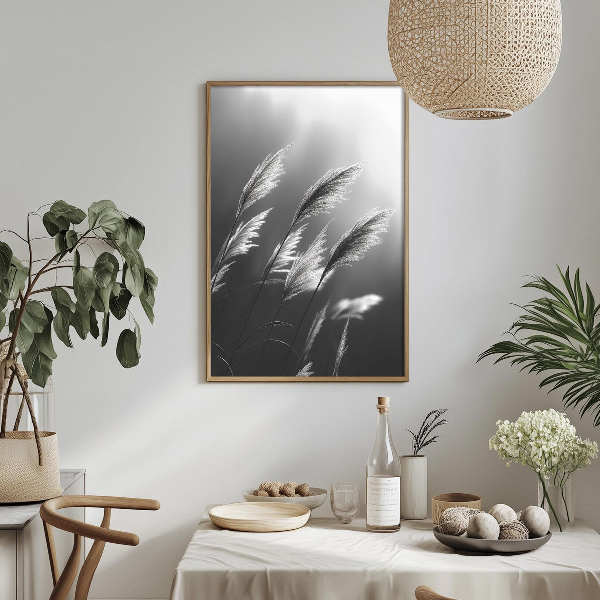 a serene indoor setting with a dining table, a potted plant, a framed picture of tall grasses, and a hanging light fixture.
