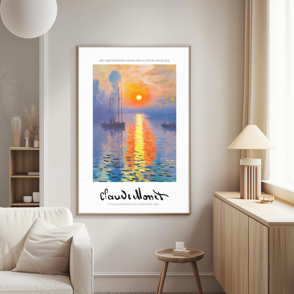 a large painting of a sunset over a body of water, hanging on a wall in a living room.
