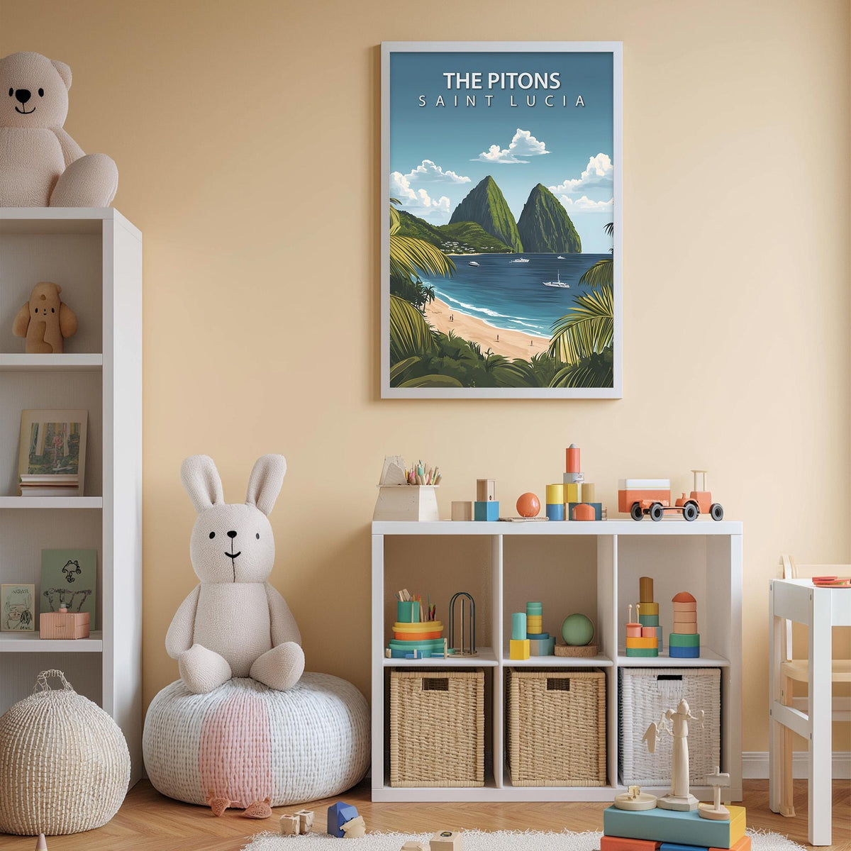 a child's bedroom with a large poster of Saint Lucia on the wall, featuring a tropical beach landscape with mountains and a blue sky. The room is filled with various toys, including a teddy bear, a stuffed rabbit, and a toy train. The overall color scheme of the room is predominantly white, with a beige wall and a white bookshelf.