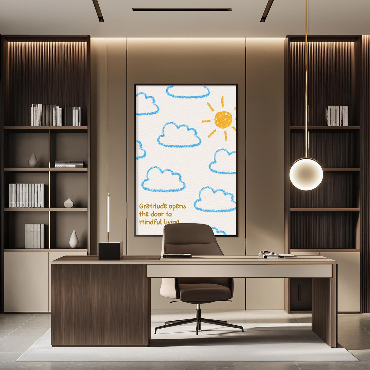a modern office space with a desk, chair, and bookshelves. The desk has a laptop and a phone on it, and there is a poster on the wall with a drawing of clouds and a sun.
