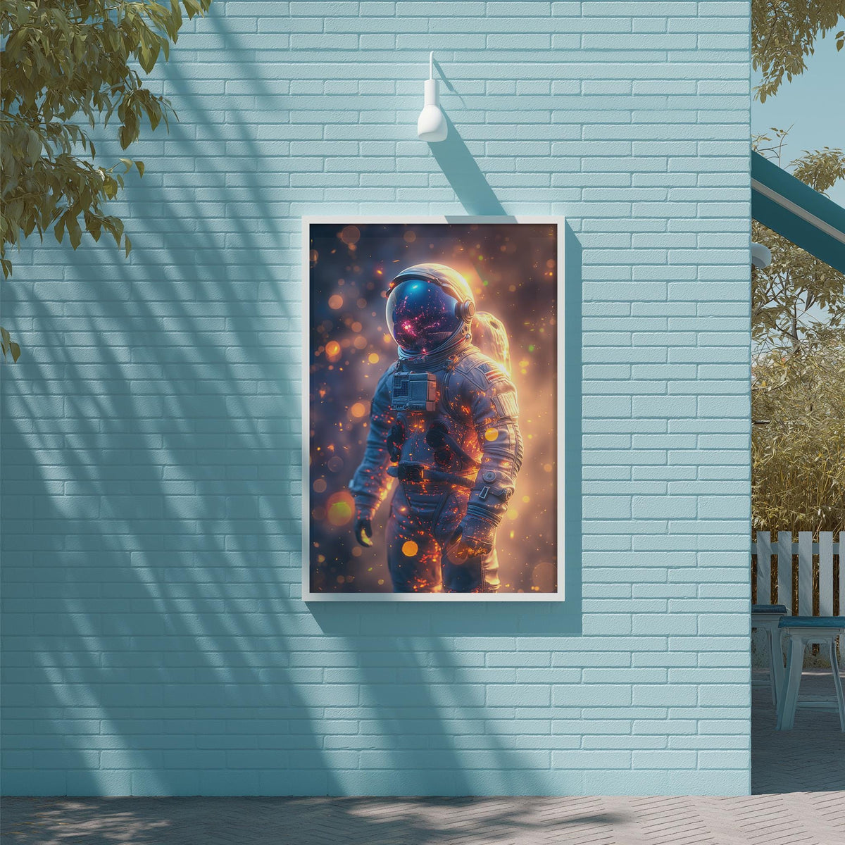 a framed artwork of an astronaut in a space suit, hanging on a blue brick wall.