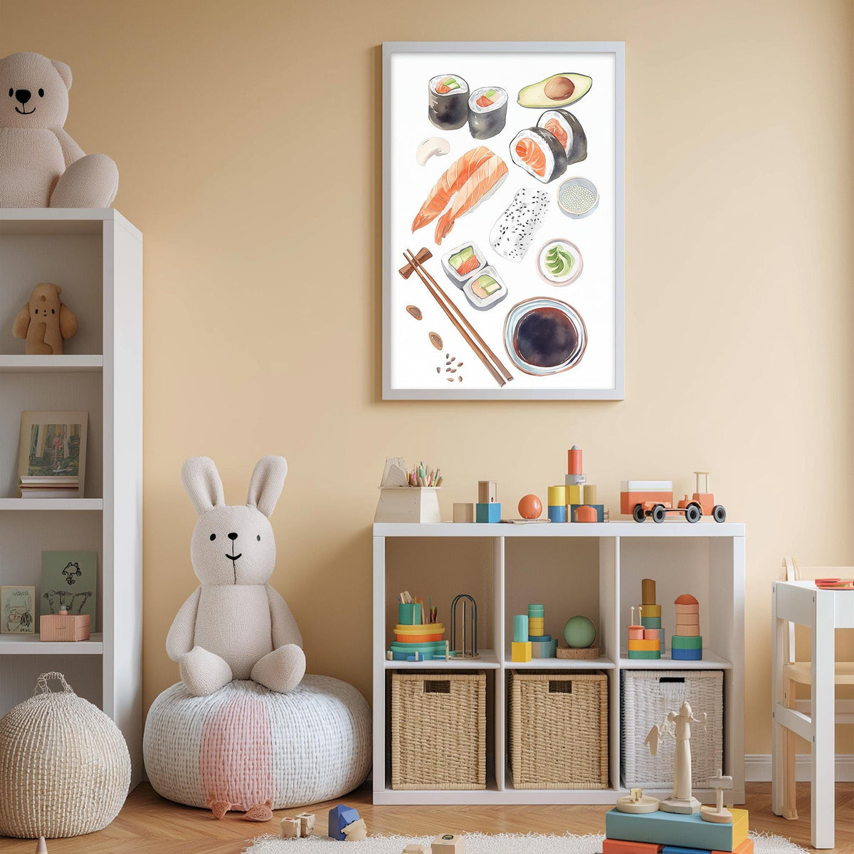 A child's bedroom with a white bookshelf, a stuffed rabbit, and a toy train. The walls are painted a light peach color, and there is a framed print of sushi on the wall.