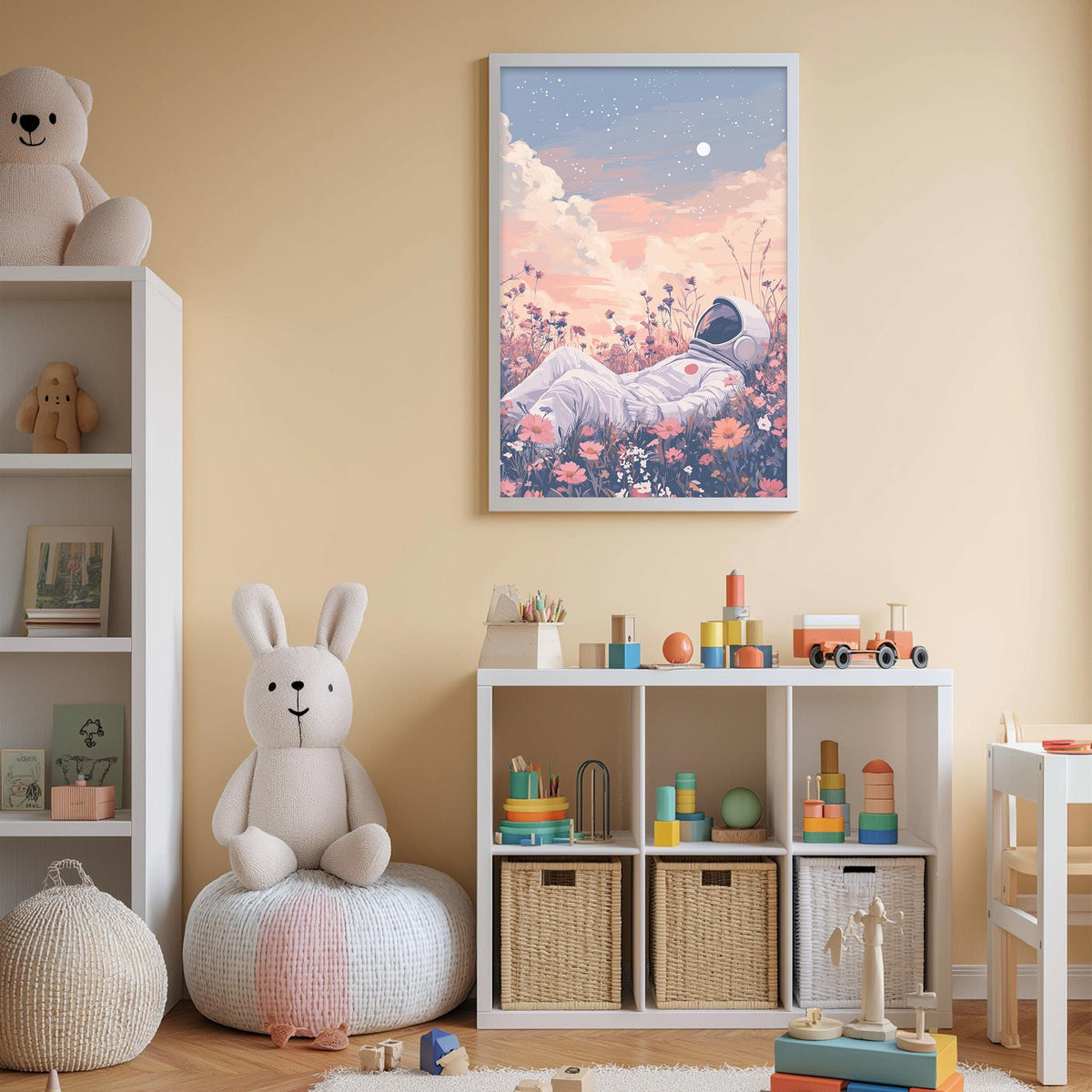 A cozy children's bedroom with a large stuffed bunny, a bookshelf, and a colorful toy box filled with various toys. The walls are painted a light peach color, and a framed picture of a bunny astronaut is displayed above the bookshelf.