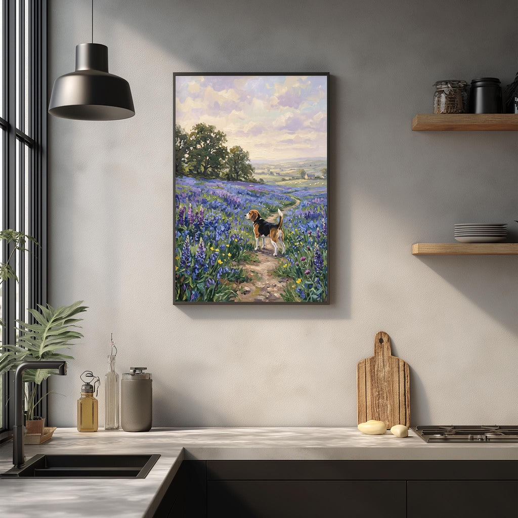 a framed painting of a dog walking through a field of flowers, hanging on a wall above a kitchen counter.