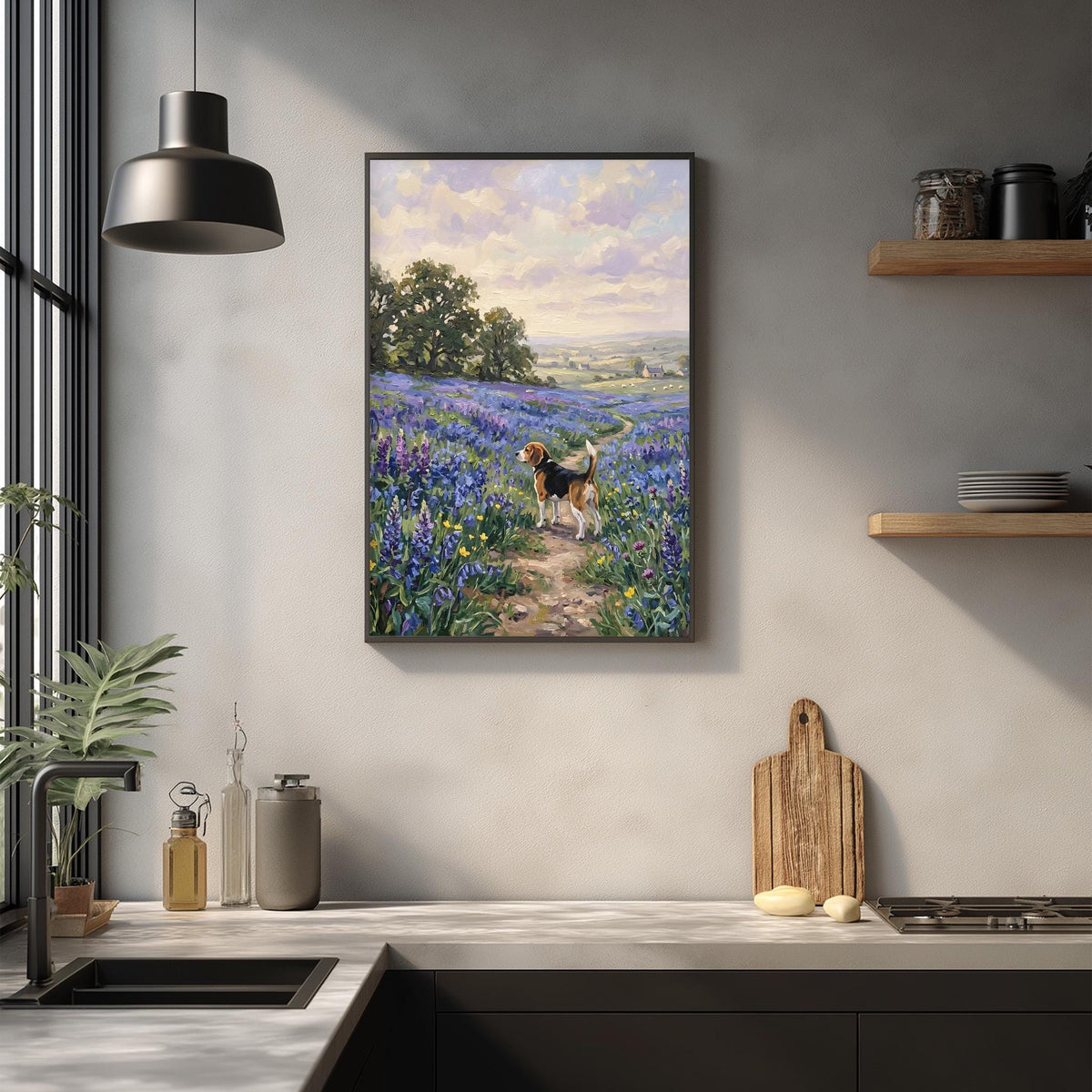 a framed painting of a dog walking through a field of flowers, hanging on a wall above a kitchen counter.