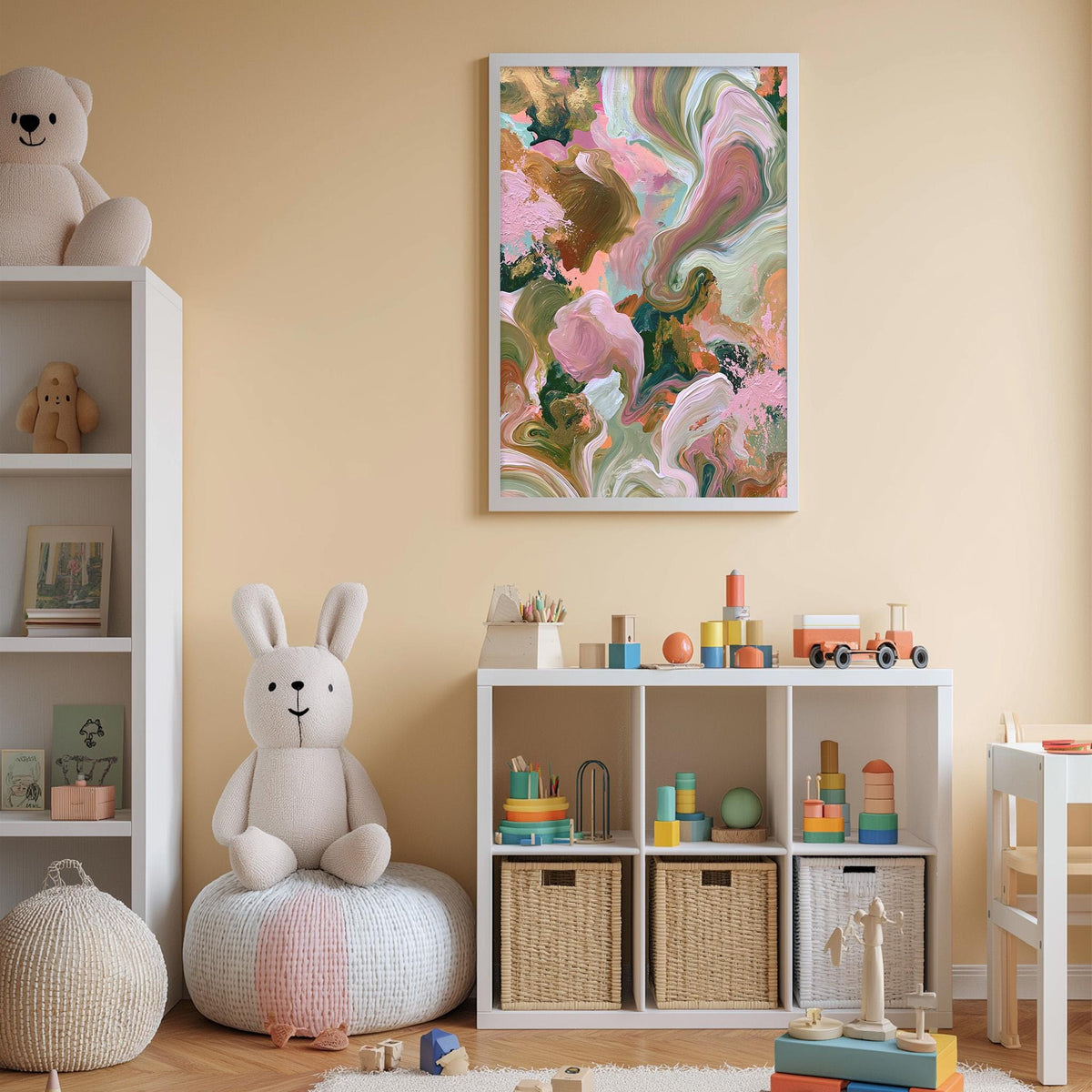 A cozy and colorful children's bedroom with a large abstract painting on the wall, a white bookshelf filled with toys, and a plush rabbit sitting on a bean bag chair.