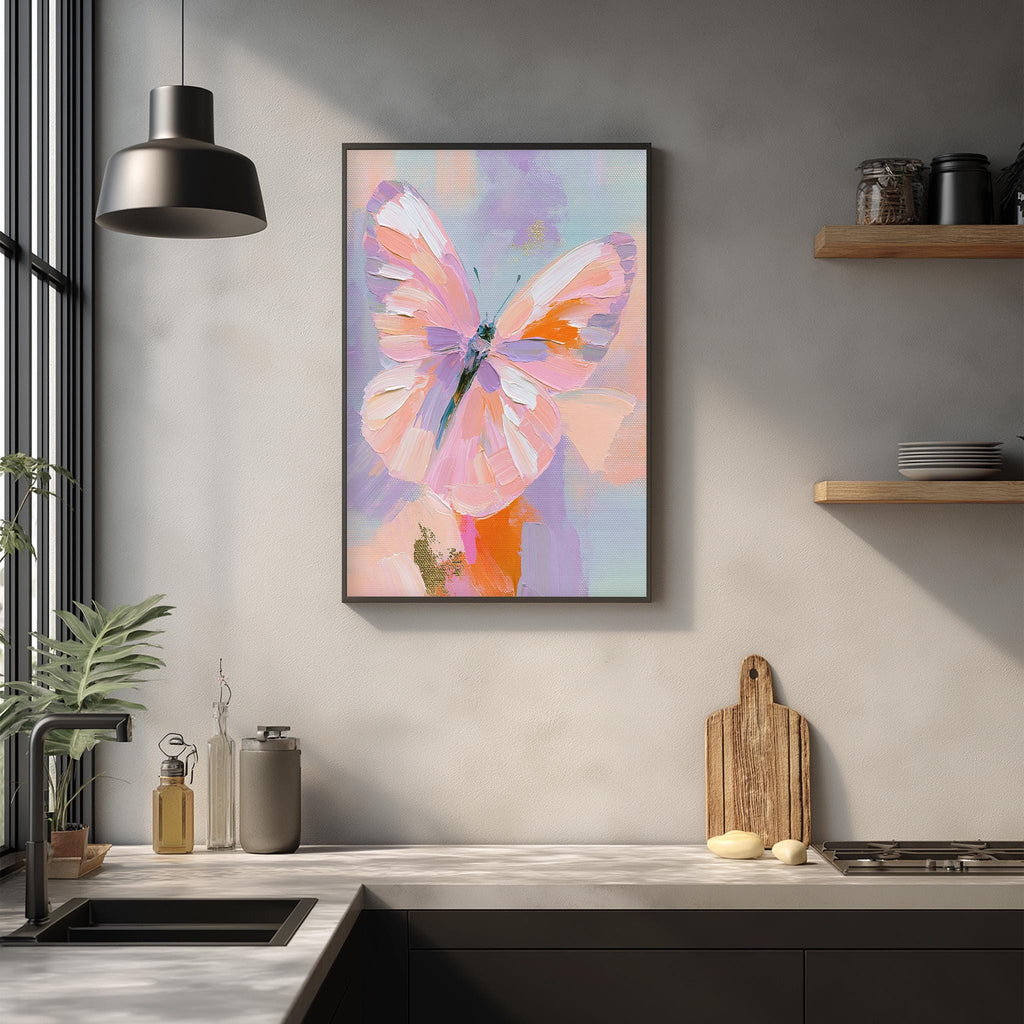 a kitchen counter with a framed painting of a butterfly in the background, a wooden cutting board, and various kitchen items such as a bottle, a vase, and a bowl.