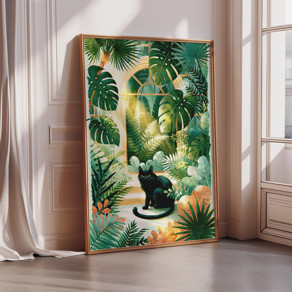 A framed painting depicting a black cat sitting on a windowsill surrounded by lush tropical foliage, including palm leaves and other greenery.