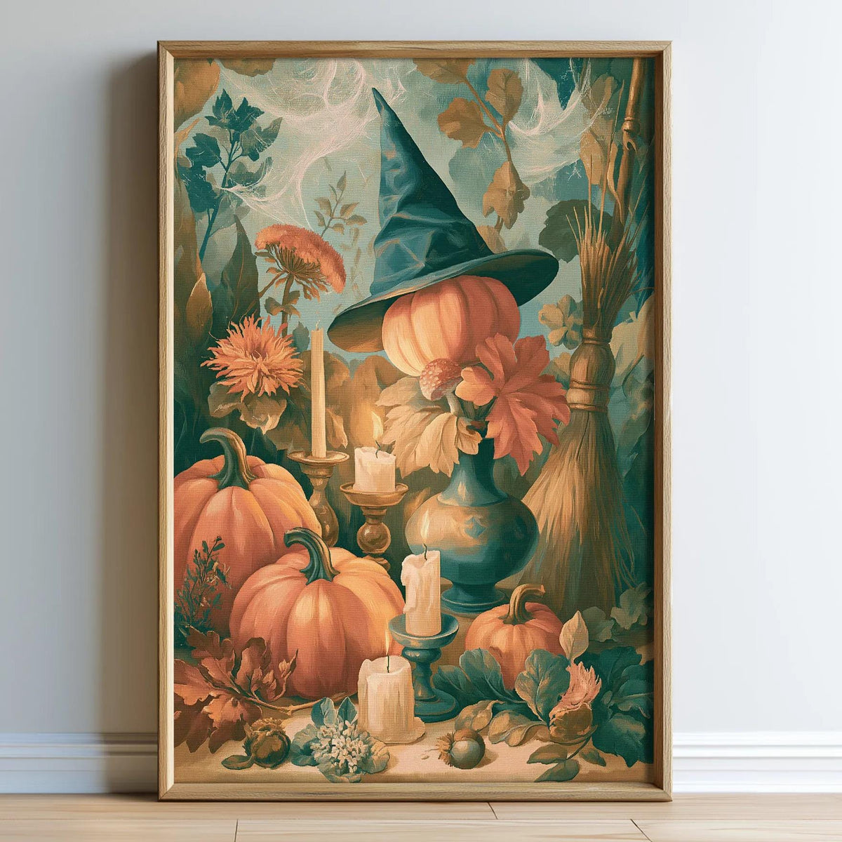 The image is a framed painting depicting a witch's hat surrounded by pumpkins, flowers, and candles, creating a whimsical and autumnal scene.