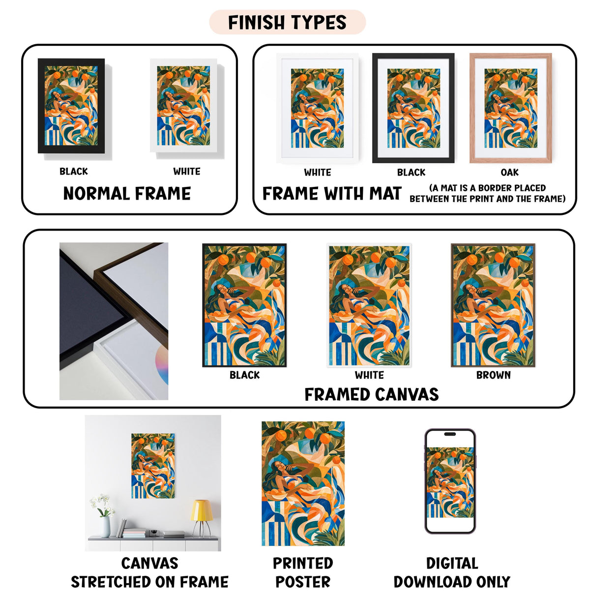 various types of artwork, including paintings, framed prints, and digital art, each with different finishes and frame styles.