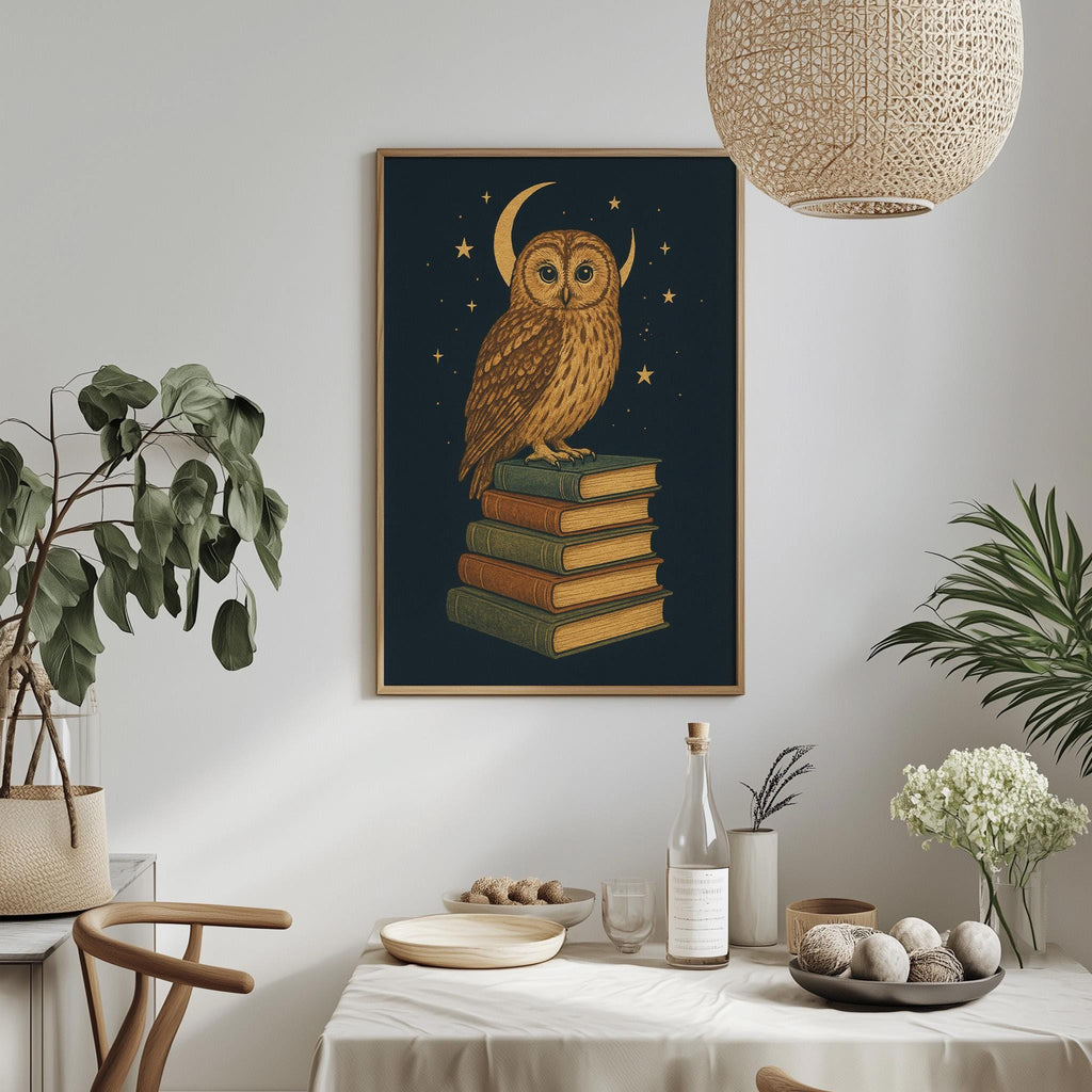 a framed illustration of an owl perched on a stack of books, surrounded by a night sky with stars and a crescent moon. The scene is set against a white wall, with a dining table and chairs in the foreground. The table is adorned with various items, including a bottle, a bowl, and a vase, creating a cozy and inviting atmosphere.