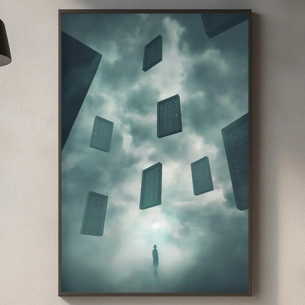a modern kitchen with a large framed artwork hanging on the wall above a countertop. The artwork depicts a surreal scene with floating boxes and a single figure in the center. The kitchen countertop has various items, including a cutting board, a bottle, and a vase. The overall scene has a minimalist and abstract design, with a focus on the interplay of light and shadow.