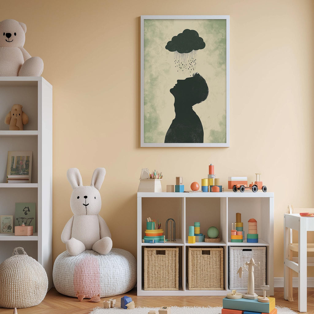 A cozy children's room with a white bookshelf, a plush rabbit, and a colorful toy box filled with toys. A framed artwork of a silhouette of a person with a cloud above them is displayed on the wall, and a stuffed animal is sitting on a cushion on the floor.