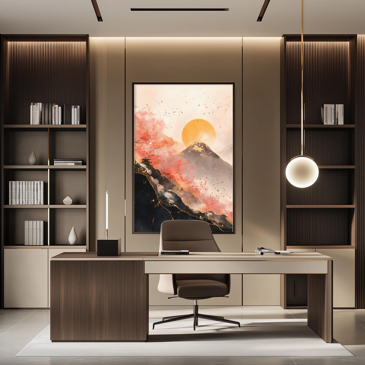a modern and stylish office space with a large framed landscape painting featuring a mountain and a sunset as the focal point. The office has a wooden desk, a comfortable chair, and a bookshelf filled with books and decorative items. The overall design and decor create a warm and inviting atmosphere.