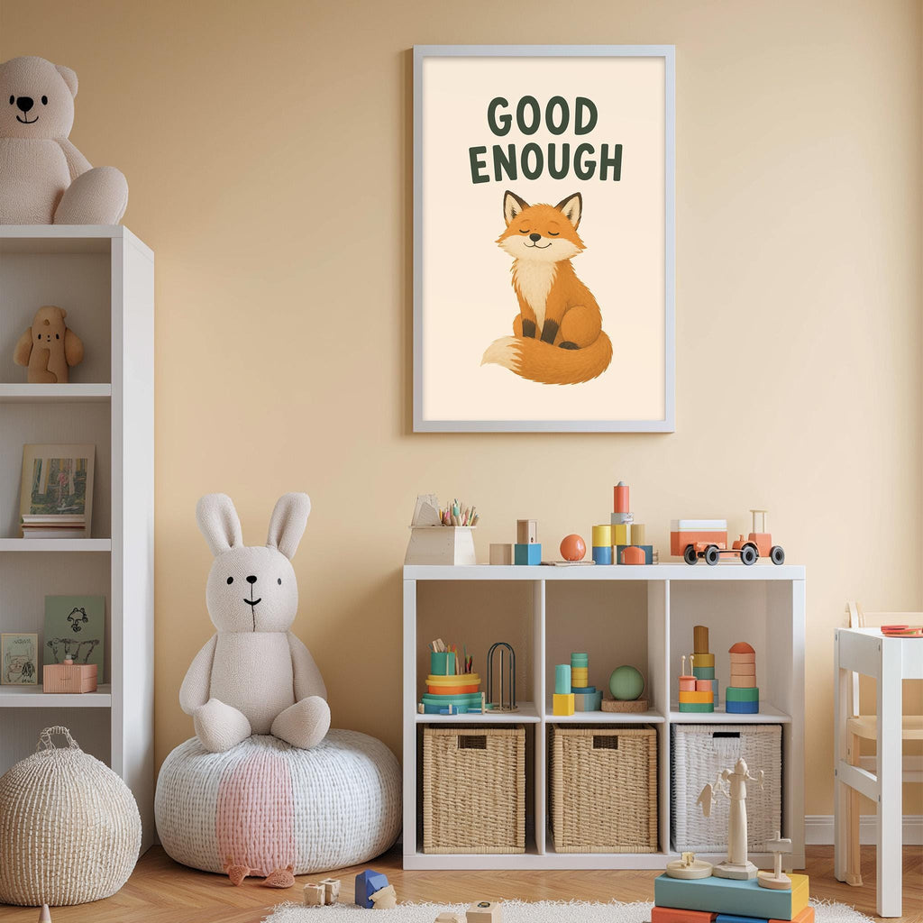 A child's bedroom with a white bookshelf, a stuffed rabbit, a framed poster with a cartoon fox, and a toy train set.