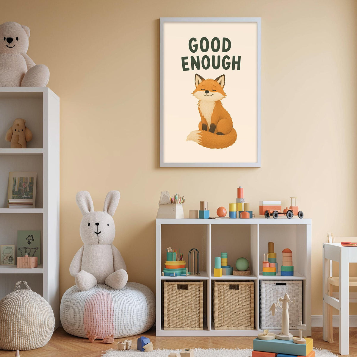 A child's bedroom with a white bookshelf, a stuffed rabbit, a framed poster with a cartoon fox, and a toy train set.