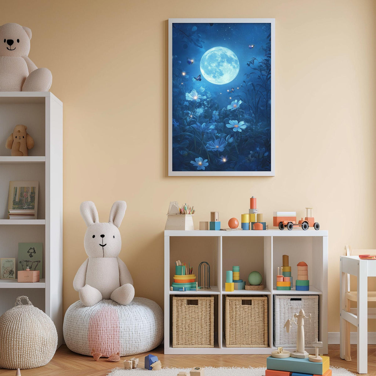 A cozy children's bedroom with a large stuffed bunny, a night sky with a full moon and stars, and a shelf filled with toys and storage bins.