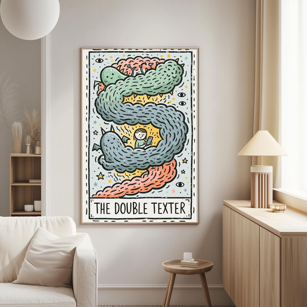 a large, colorful poster of a cartoon character on a wall in a living room.