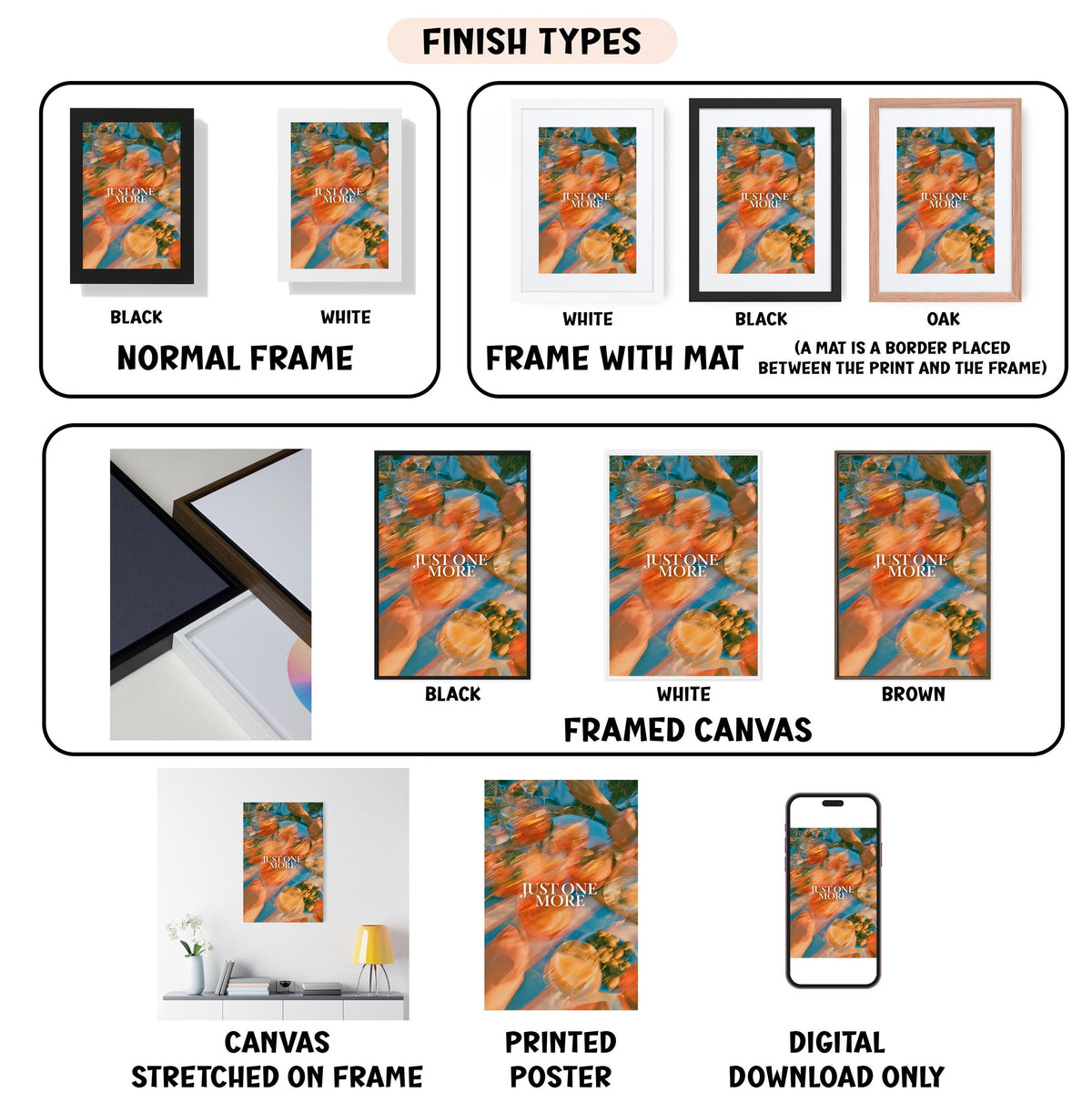 various types of artwork, including canvas prints, framed canvas prints, and digital prints, each with different finishes and mat placements.