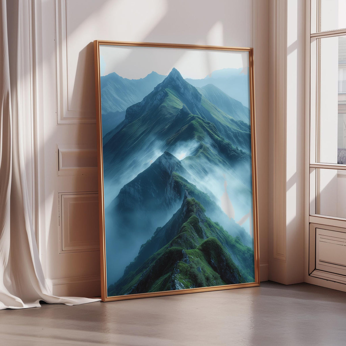 a large framed picture of a mountainous landscape with a misty, hazy effect, creating a serene and atmospheric scene.