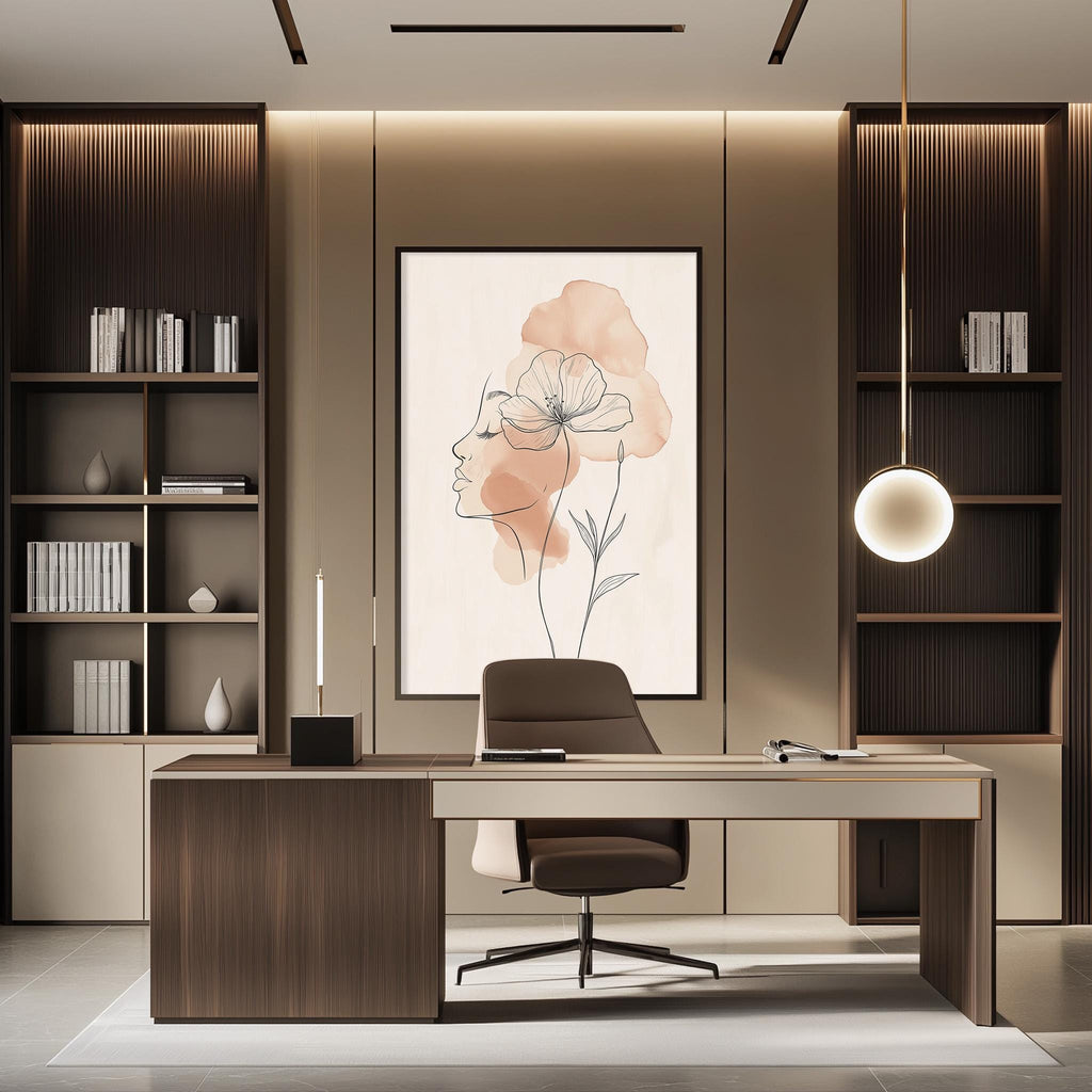 a modern and well-designed office space with a large wooden desk, a comfortable chair, and a framed artwork featuring a woman's face with flowers on the wall.