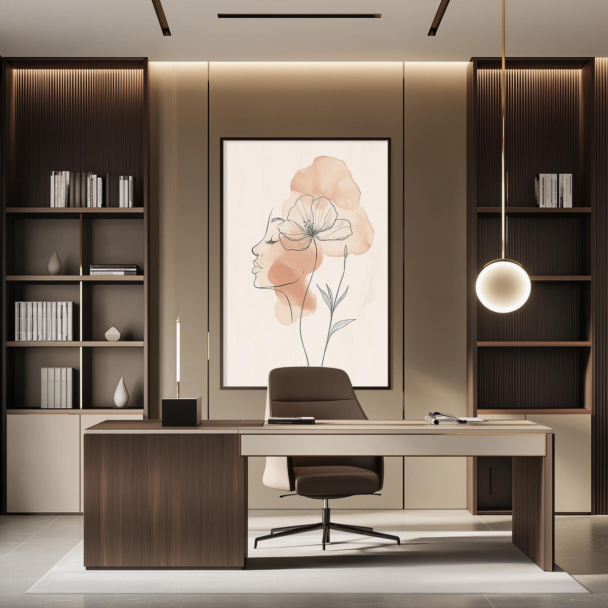 a modern and well-designed office space with a large wooden desk, a comfortable chair, and a framed artwork featuring a woman's face with flowers on the wall.