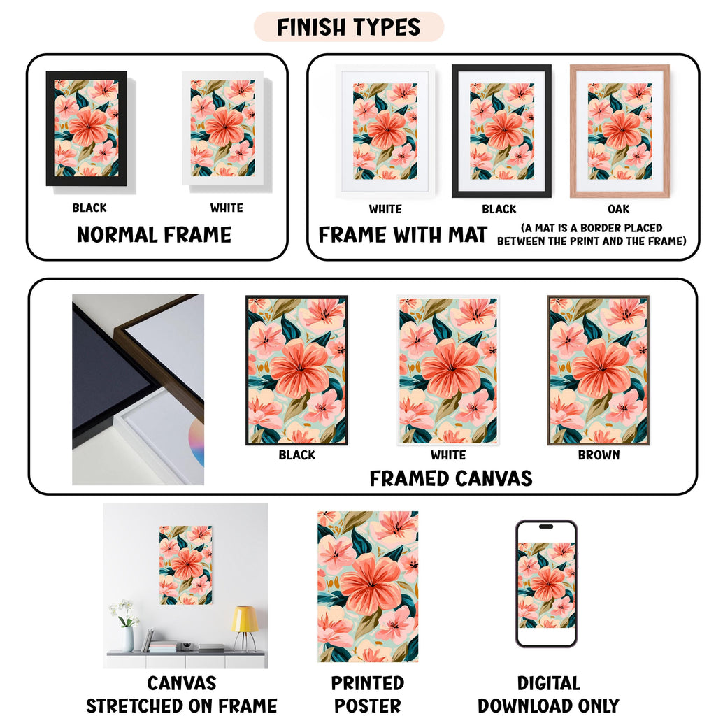 various images of floral designs, including different finish types and framed canvas options. It also includes images of printed posters and digital download options for the floral designs.