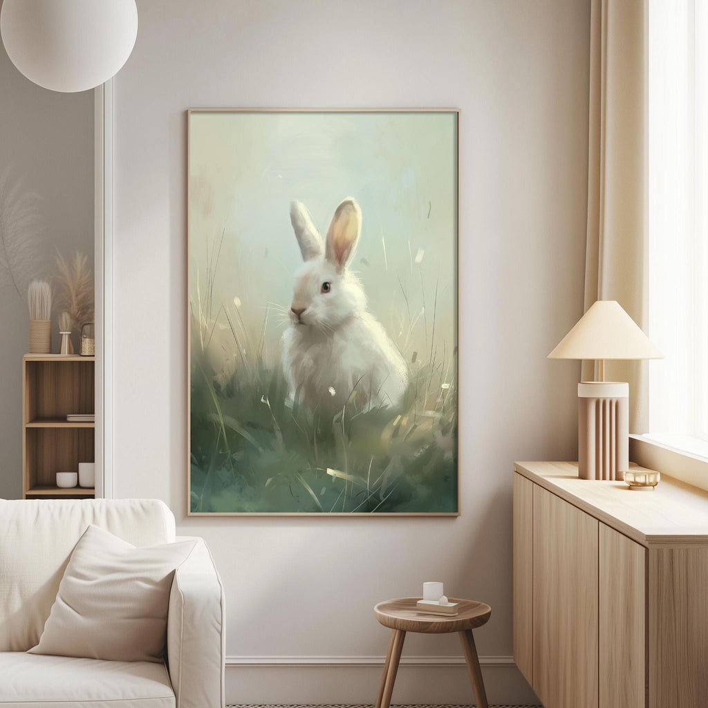 a large painting of a white rabbit sitting in a grassy field, hanging on a wall in a living room.