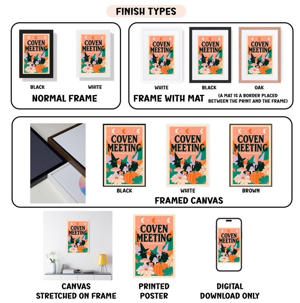 various images of framed artwork or posters with the title "COVEN MEETING" displayed prominently. The artwork is presented in different frame colors and styles, including black, white, and brown. The images also show the finished product, including a canvas stretched on a frame, a printed poster, and a digital download.
