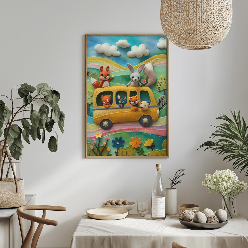 a vibrant and whimsical scene of a cartoon bus filled with various cartoon animals, including a rabbit, foxes, and a bird, traveling down a colorful road. The bus is surrounded by a lush, green landscape with flowers and plants, creating a lively and cheerful atmosphere.