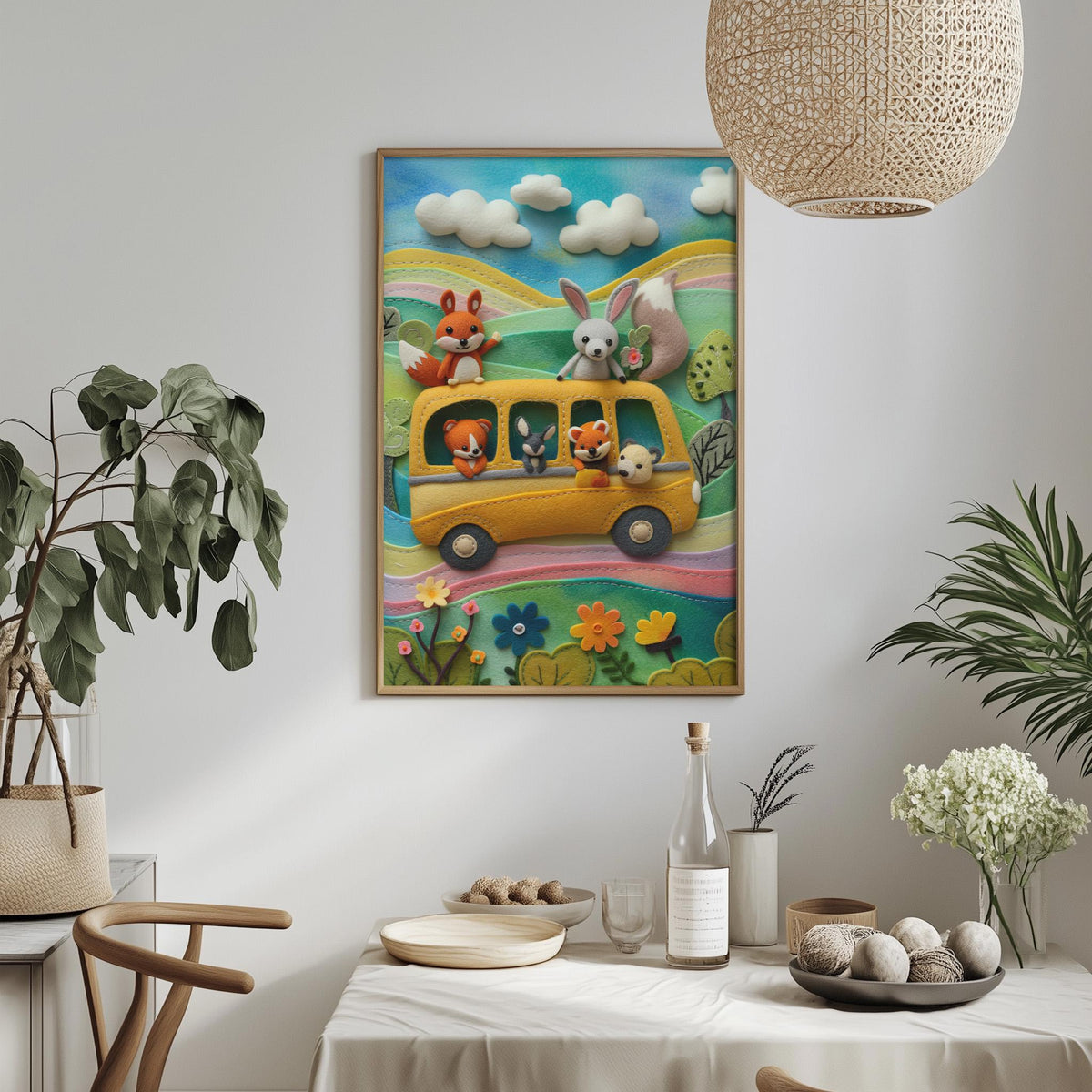 a vibrant and whimsical scene of a cartoon bus filled with various cartoon animals, including a rabbit, foxes, and a bird, traveling down a colorful road. The bus is surrounded by a lush, green landscape with flowers and plants, creating a lively and cheerful atmosphere.