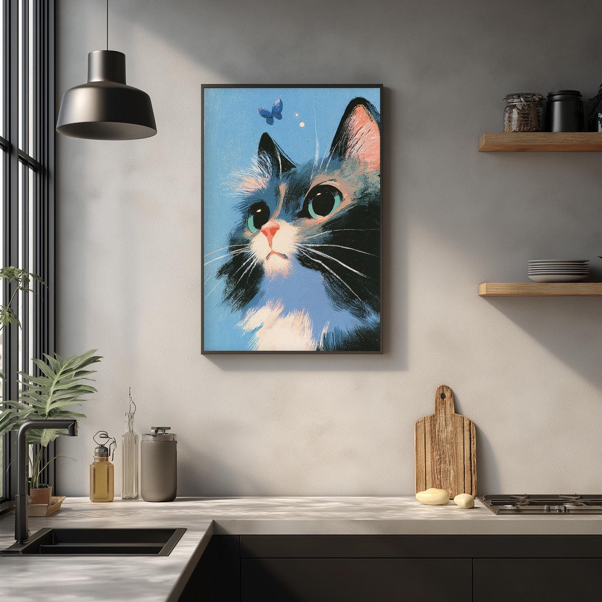 a kitchen counter with a framed picture of a cat, a wooden cutting board, and various kitchen items such as a bottle, a can, and a bowl.