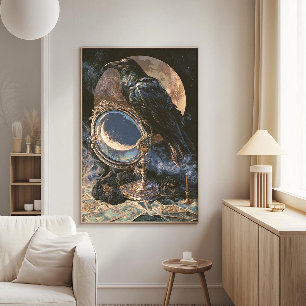 a large painting of a black crow perched on a golden candelabra, which is placed on a wall in a living room setting.