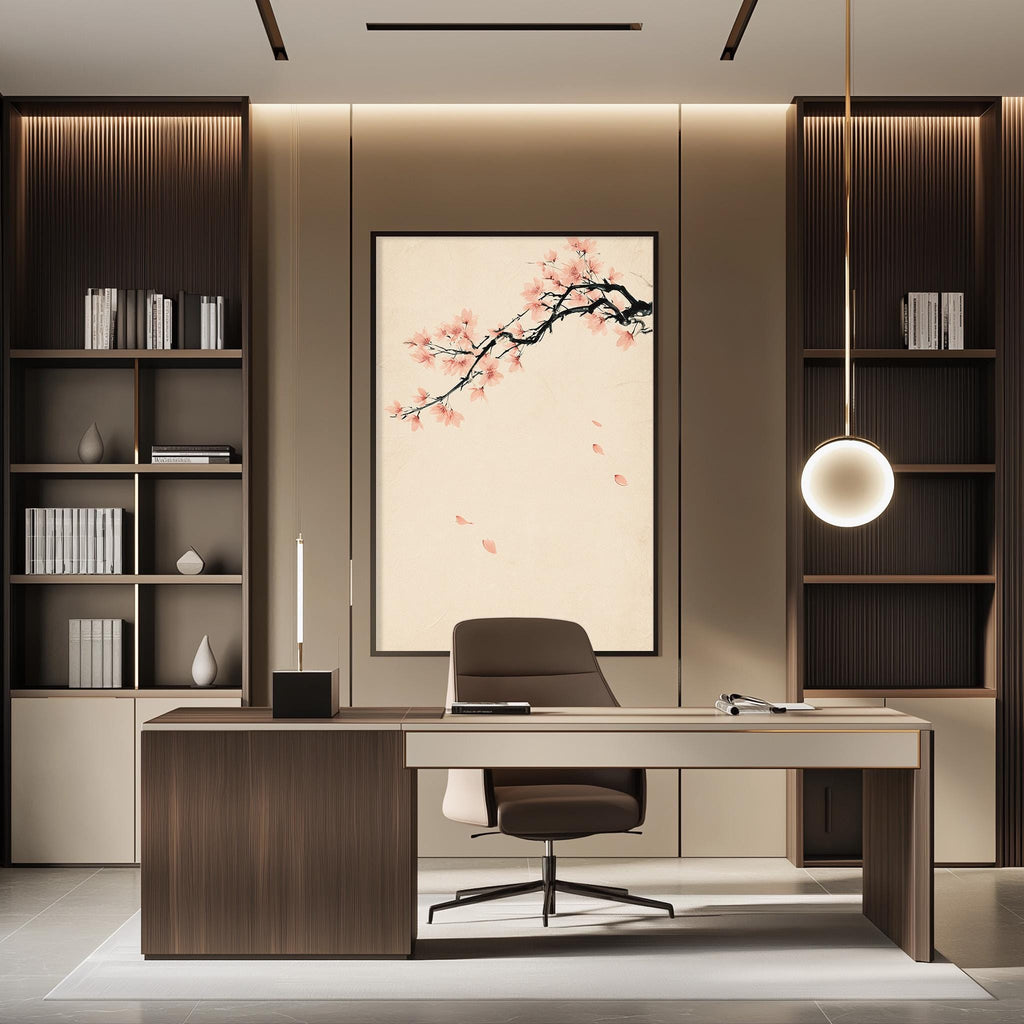 a modern and minimalist office space with a large wooden desk, a comfortable-looking chair, and a large framed artwork featuring a cherry blossom tree on the wall.