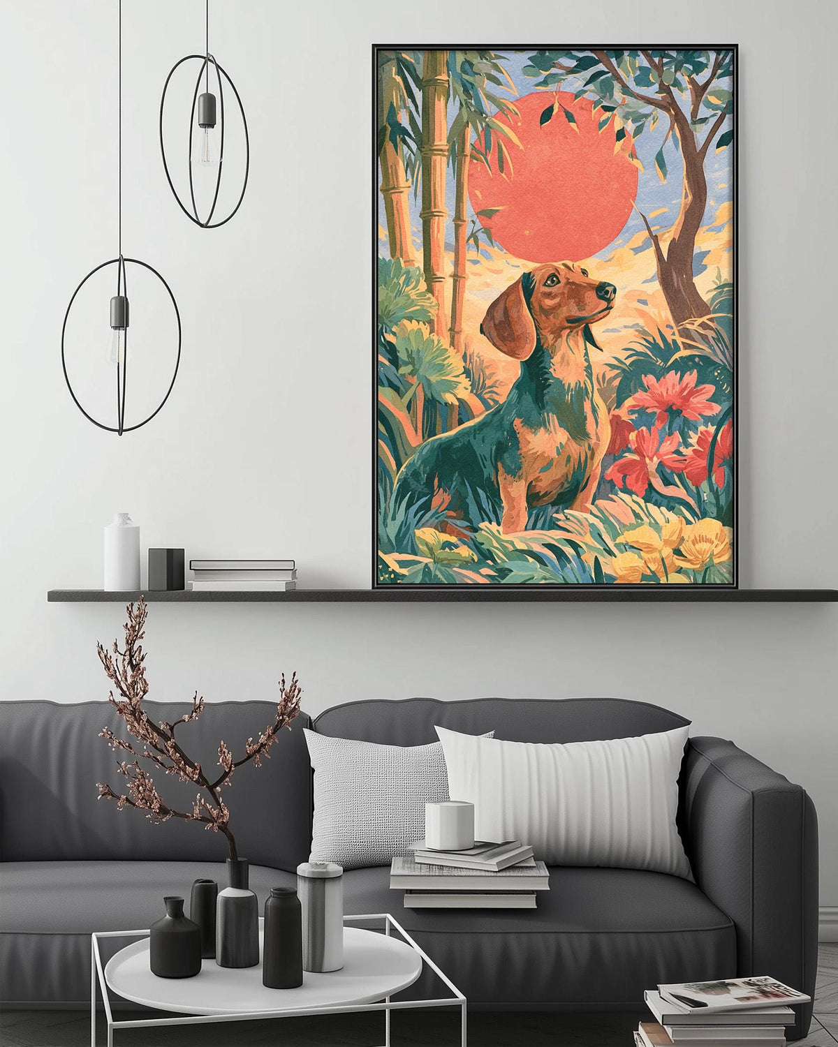 a large painting of a dog in a tropical setting, hanging on a wall above a gray couch with a coffee table in front of it.