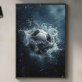 a kitchen counter with various kitchen items, including a cutting board, a bottle, and a vase. Above the counter, there is a framed image of a soccer ball surrounded by water, creating a dynamic and artistic scene.