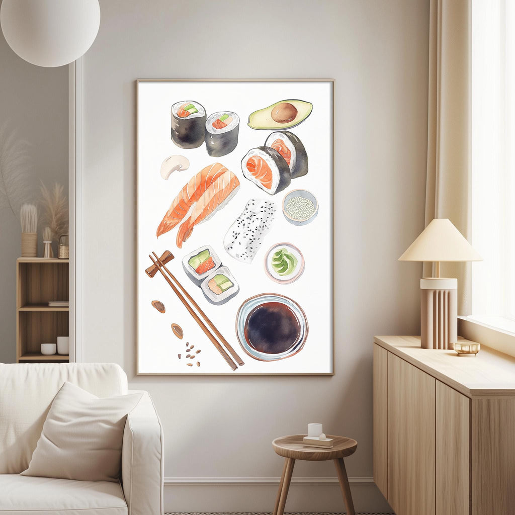 a living room with a white sofa, a wooden side table, and a framed print of various sushi dishes hanging on the wall.