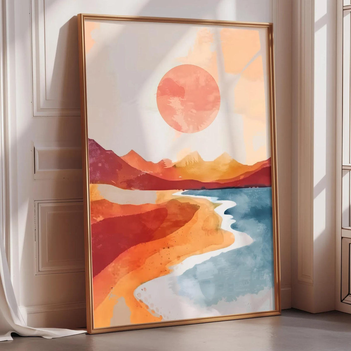 a large, colorful painting of a landscape with mountains, a beach, and a sun in the sky.