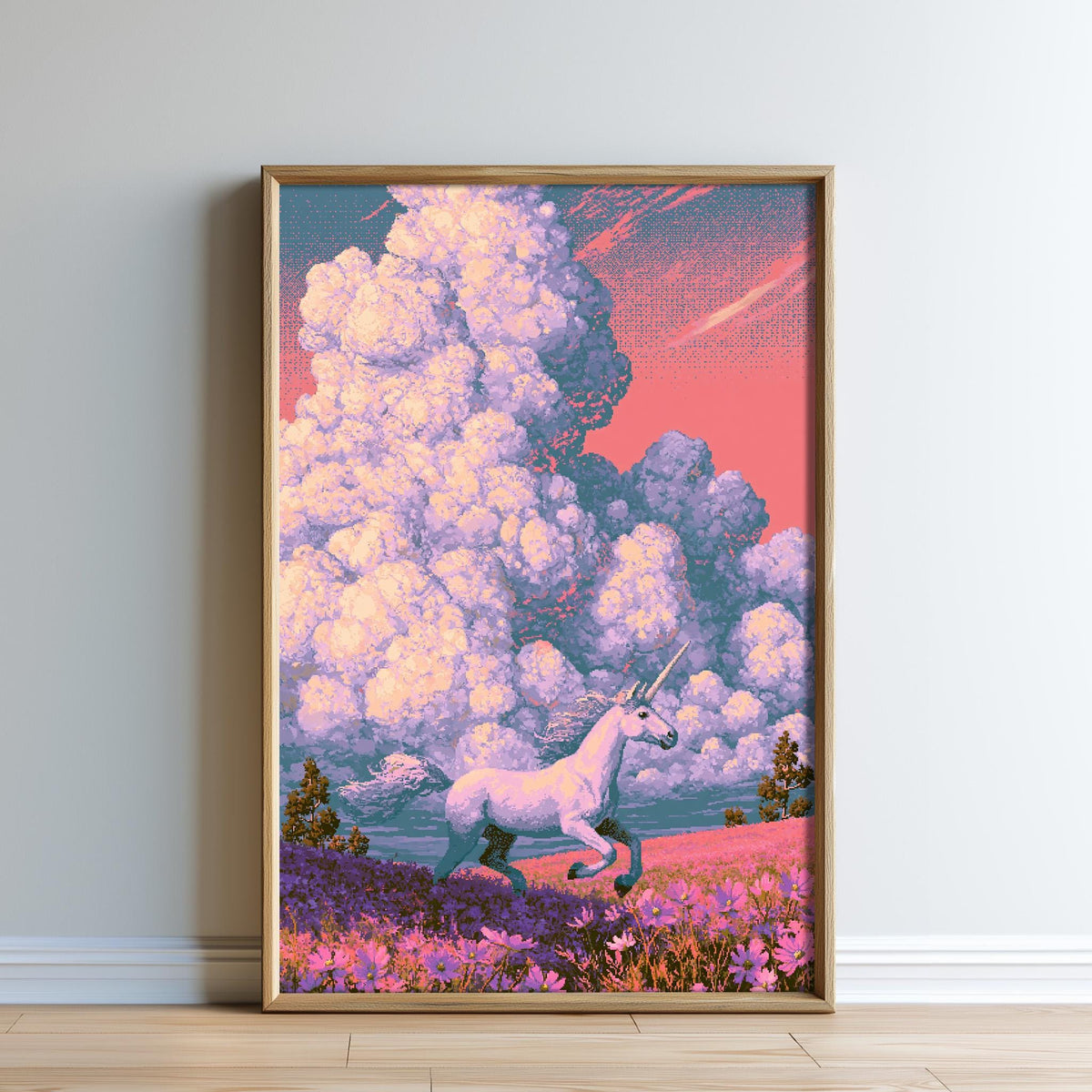 A framed poster depicting a white unicorn running through a field of flowers, with a dramatic sky in the background.
