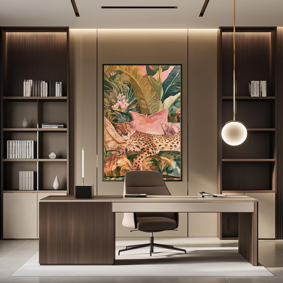 a modern and stylish office space with a large, colorful painting of a leopard on the wall. The office features a wooden desk, a comfortable-looking chair, and a bookshelf filled with books. The overall design and decor create a visually appealing and professional atmosphere.