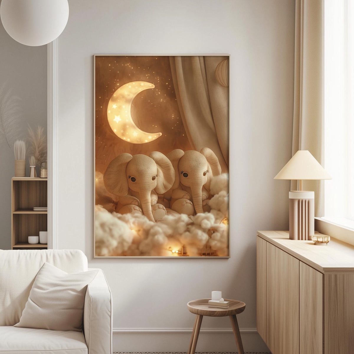 a cozy living room with a large framed picture of two elephants sitting on clouds, illuminated by a crescent moon and stars. The room has a white sofa, a wooden side table, and a lamp on a nearby table.