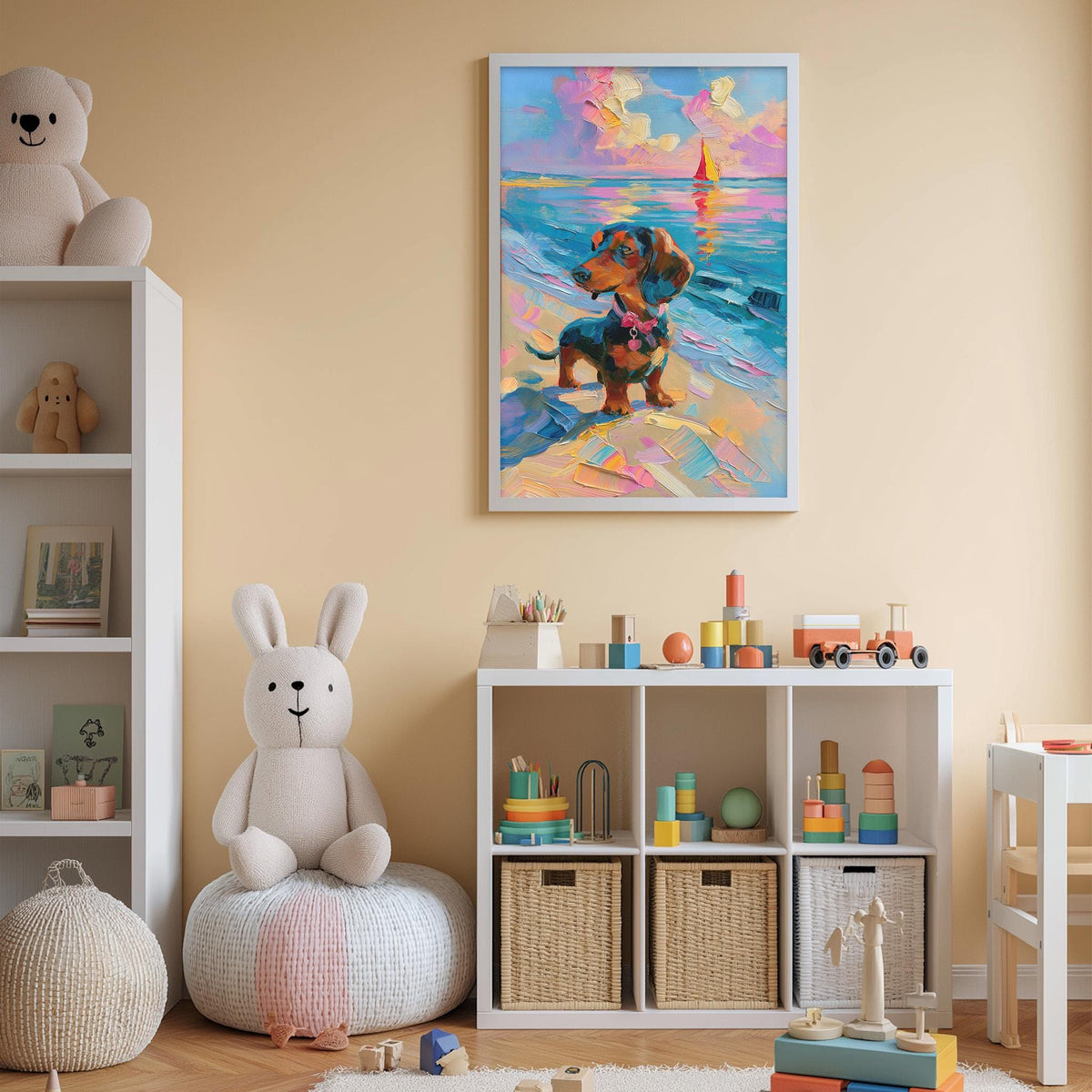 A child's bedroom with a white bookshelf, a stuffed rabbit, a toy train, and a colorful painting of a dog on the wall.
